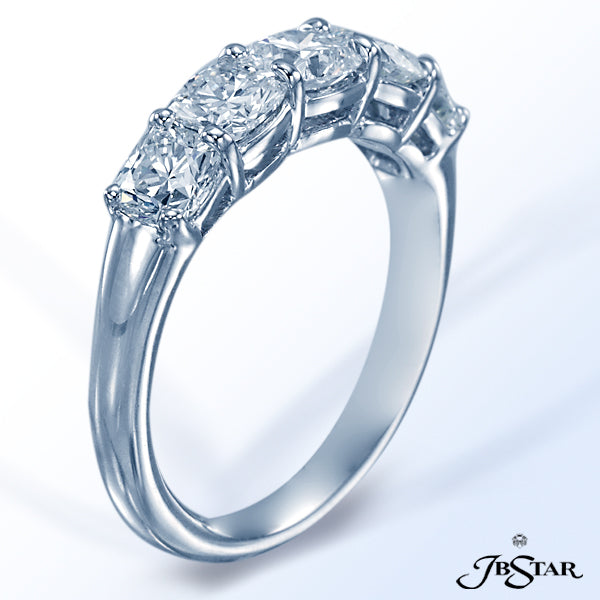 JB STAR PLATINUM DIAMOND BAND HANDCRAFTED WITH 5 PERFECTLY MATCHED CUSHION DIAMONDS IN SHARED-PRONG