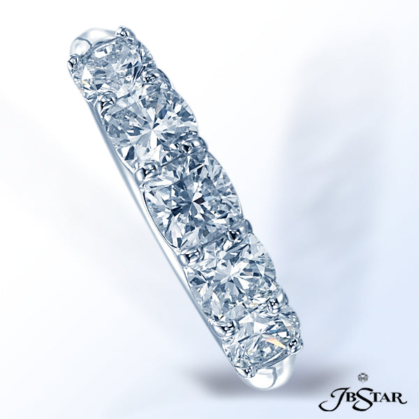 JB STAR PLATINUM DIAMOND BAND HANDCRAFTED WITH 5 PERFECTLY MATCHED CUSHION DIAMONDS IN SHARED-PRONG