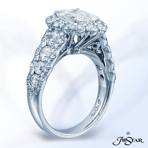 JB STAR DIAMOND ENGAGEMENT RING FEATURING AN AMAZING 1.72 CT EMERALD-CUT DIAMOND SURROUNDED BY ROUND