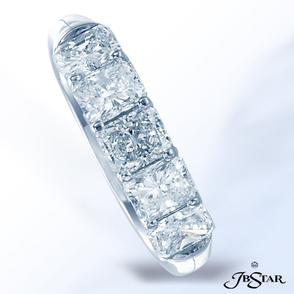 JB STAR HANDCRAFTED WEDDING BAND FEATURING 5 INDIVIDUALLY SELECTED RADIANT DIAMONDS IN SHARED PRONG