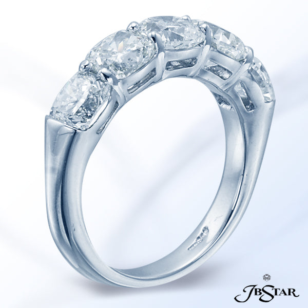 JB STAR PLATINUM DIAMOND WEDDING BAND HANDCRAFTED WITH 5 PERFECTLY MATCHED CUSHION DIAMONDS IN SHARE