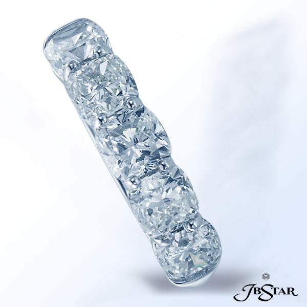 JB STAR PLATINUM DIAMOND WEDDING BAND HANDCRAFTED WITH 5 PERFECTLY MATCHED CUSHION DIAMONDS IN SHARE