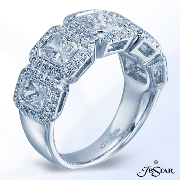 JB STAR PLATINUM WEDDING BAND HANDCRAFTED WITH 5 BEZEL-SET RADIANT DIAMONDS, EACH EMBRACED BY MICRO