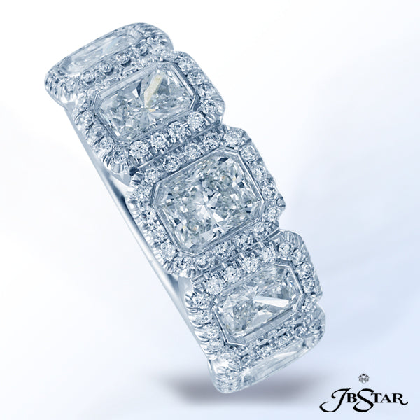 JB STAR PLATINUM WEDDING BAND HANDCRAFTED WITH 5 BEZEL-SET RADIANT DIAMONDS, EACH EMBRACED BY MICRO