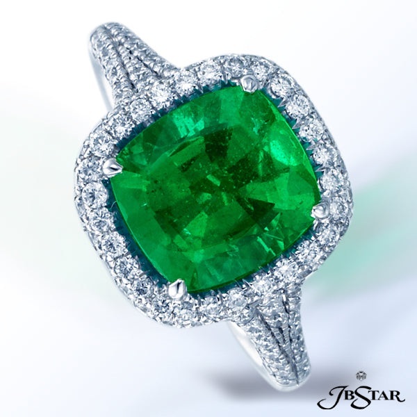 JB STAR PLATINUM EMERALD AND DIAMOND RING HANDCRAFTED WITH A STUNNING 2.49 CT CUSHION-CUT EMERALD ED