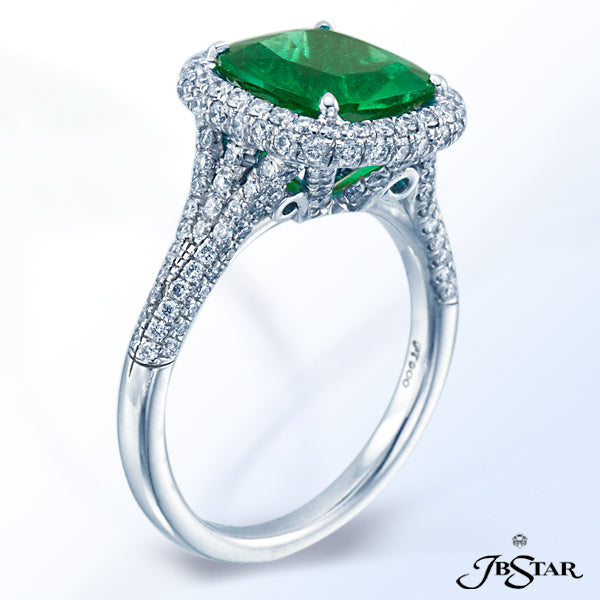 JB STAR PLATINUM EMERALD AND DIAMOND RING HANDCRAFTED WITH A STUNNING 2.49 CT CUSHION-CUT EMERALD ED