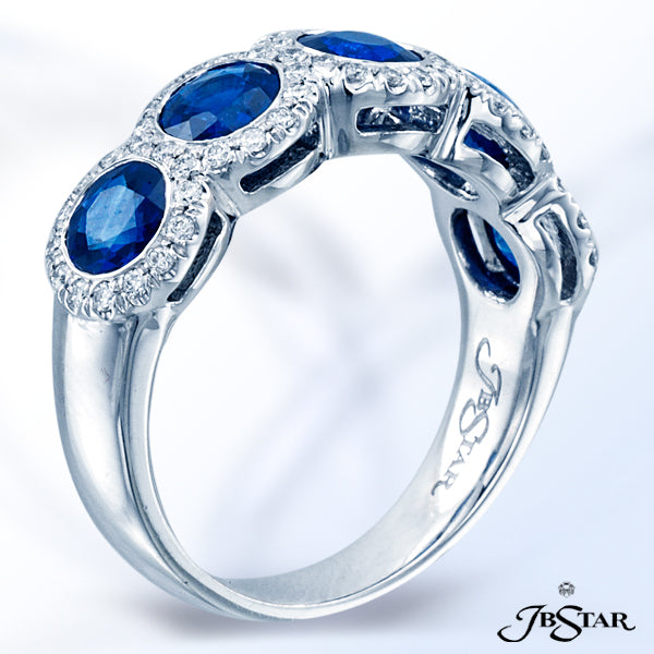 JB STAR SAPPHIRE AND DIAMOND BAND HANDCRAFTED WITH 5 PERFECTLY MATCHED, BEZEL-SET, ROUND BLUE SAPPHI