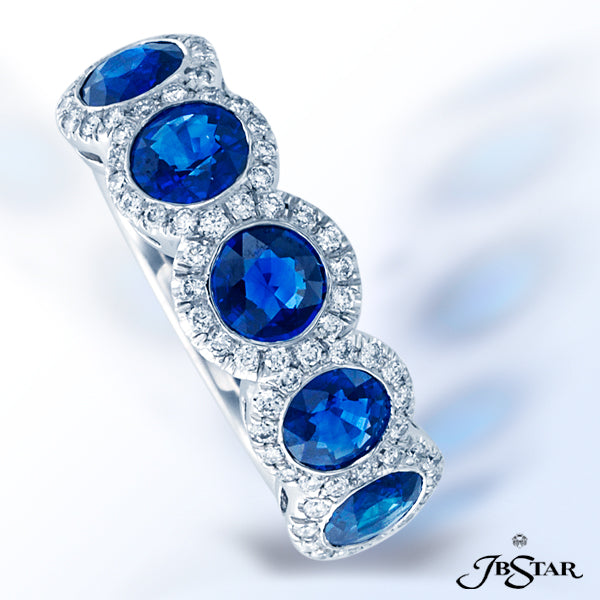 JB STAR SAPPHIRE AND DIAMOND BAND HANDCRAFTED WITH 5 PERFECTLY MATCHED, BEZEL-SET, ROUND BLUE SAPPHI