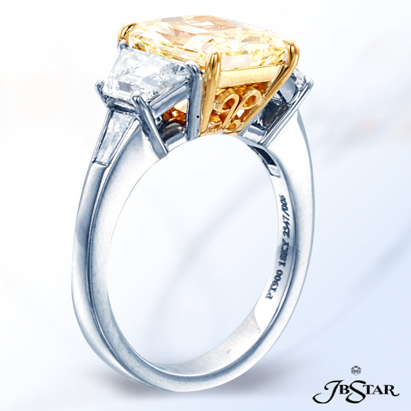 JB STAR FANCY YELLOW DIAMOND PLATINUM RING FEATURING A MAGNIFICENT 3.54 CT RADIANT FANCY YELLOW DIAM