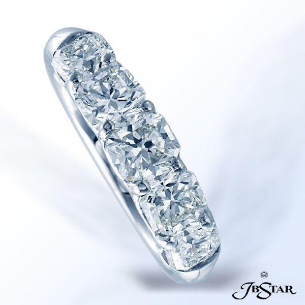 JB STAR PLATINUM DIAMOND WEDDING BAND HANDCRAFTED WITH 5 PERFECTLY MATCHED RADIANT DIAMONDS IN A TRE