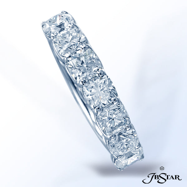 JB STAR PLATINUM DIAMOND BAND HANDCRAFTED WITH 7 PERFECTLY MATCHED CUSHION DIAMONDS IN SHARED-PRONG