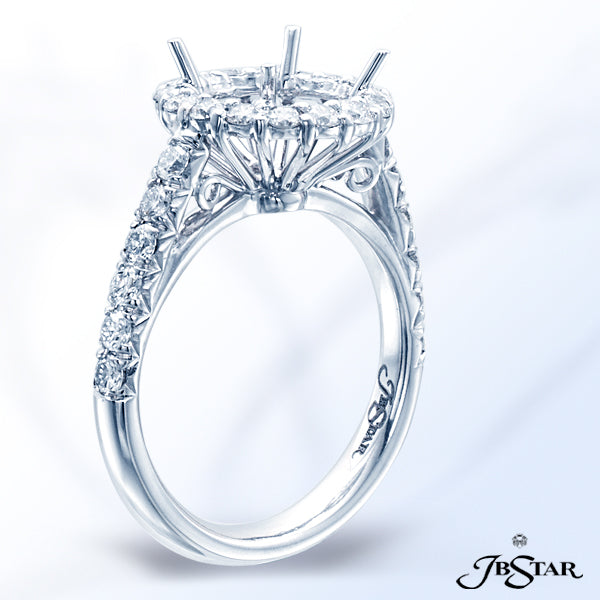 JB STAR PLATINUM DIAMOND SEMI-MOUNT HANDCRAFTED WITH A HALO OF ROUND DIAMONDS IN SHARED-PRONG SETTIN