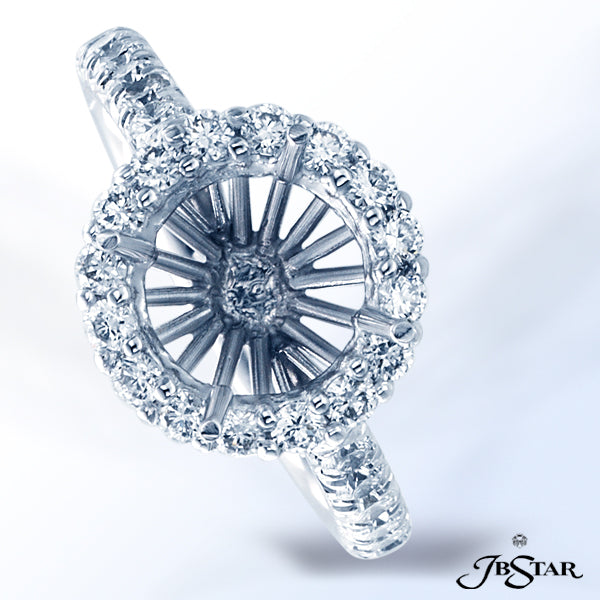 JB STAR PLATINUM DIAMOND SEMI-MOUNT HANDCRAFTED WITH A HALO OF ROUND DIAMONDS IN SHARED-PRONG SETTIN