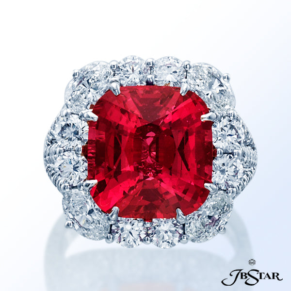 JB STAR STUNNING RED SPINEL AND DIAMOND RING FEATURING A 8.45 CT CUSHION-CUT RED SPINEL ENCIRCLED WI