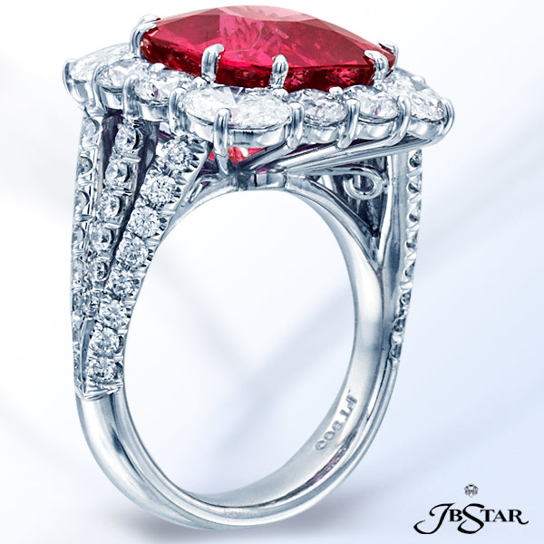 JB STAR STUNNING RED SPINEL AND DIAMOND RING FEATURING A 8.45 CT CUSHION-CUT RED SPINEL ENCIRCLED WI