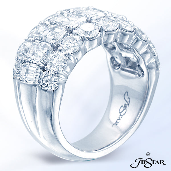 JB STAR CRAFTED BY MASTER ARTISANS THIS WEDDING BAND FEATURES THREE ROWS OF PERFECTLY MATCHED EMERAL