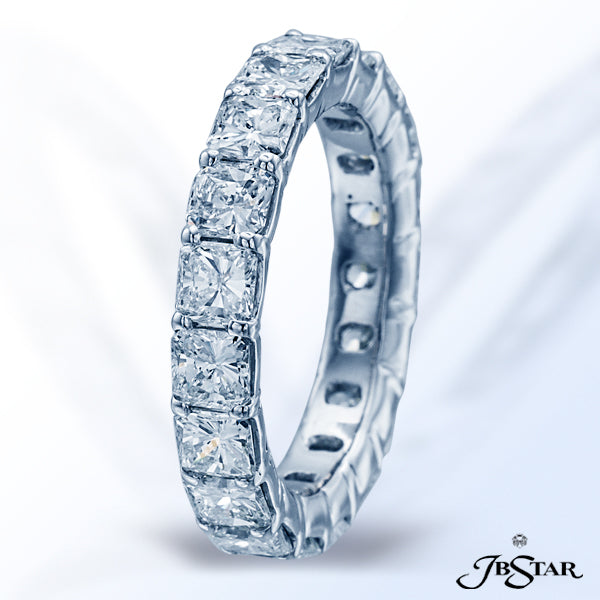 JB STAR ETERNITY BAND HANDCRAFTED WITH 19 RADIANT DIAMONDS IN PLATINUM SHARED-PRONG SETTING.DIAMON