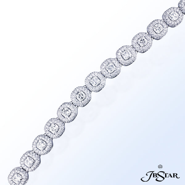 JB STAR PLATINUM DIAMOND BRACELET ELEGANTLY HANDCRAFTED WITH 18 CUSHION DIAMONDS INDIVIDUALLY ENCIRC