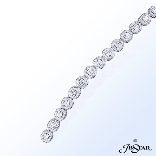 JB STAR PLATINUM DIAMOND BRACELET ELEGANTLY HANDCRAFTED WITH 18 CUSHION DIAMONDS INDIVIDUALLY ENCIRC