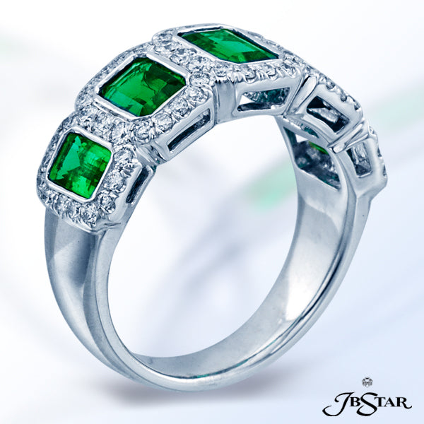 JB STAR EMERALD AND DIAMOND PLATINUM BAND HANDCRAFTED WITH FIVE STUNNING EMERALD-CUT EMERALDS, EACH