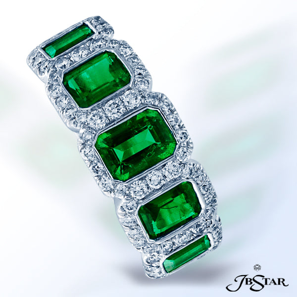 JB STAR EMERALD AND DIAMOND PLATINUM BAND HANDCRAFTED WITH FIVE STUNNING EMERALD-CUT EMERALDS, EACH