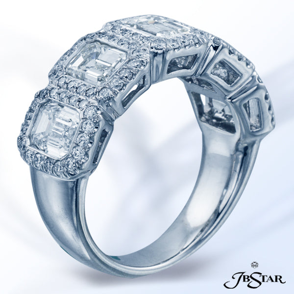 JB STAR DIAMOND WEDDING BAND IN A STUNNING DESIGN OF FIVE BEZEL-SET EMERALD-CUT DIAMONDS, EACH EDGED