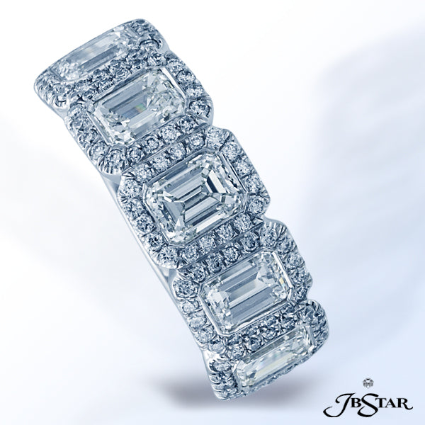 JB STAR DIAMOND WEDDING BAND IN A STUNNING DESIGN OF FIVE BEZEL-SET EMERALD-CUT DIAMONDS, EACH EDGED