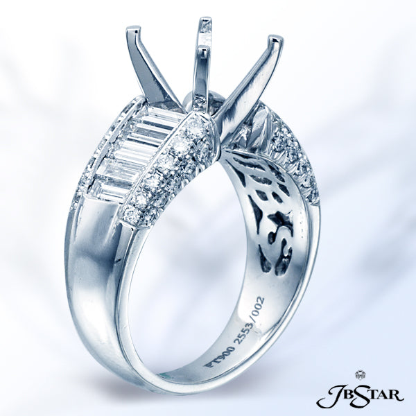 JB STAR PLATINUM DIAMOND SEMI-MOUNT HANDCRAFTED WITH 10 STRAIGHT BAGUETTES AND ROUND PAVE DIAMONDS