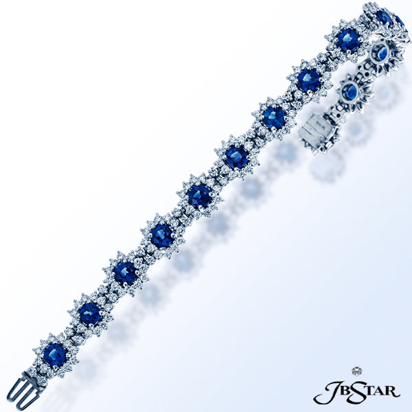 JB STAR NATURAL BLUE SAPPHIRE AND DIAMOND BRACELET IN A STUNNING DESIGN OF 14 ROUND SAPPHIRES EACH E