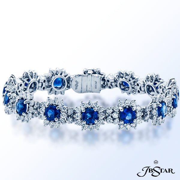 JB STAR NATURAL BLUE SAPPHIRE AND DIAMOND BRACELET IN A STUNNING DESIGN OF 14 ROUND SAPPHIRES EACH E