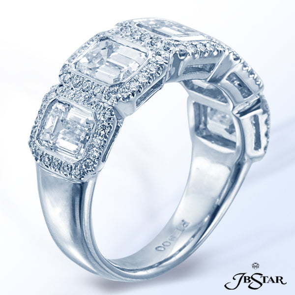 JB STAR PLATINUM DIAMOND BAND HANDCRAFTED WITH 5 PERFECTLY MATCHED EMERALD-CUT DIAMONDS IN BEZEL SET