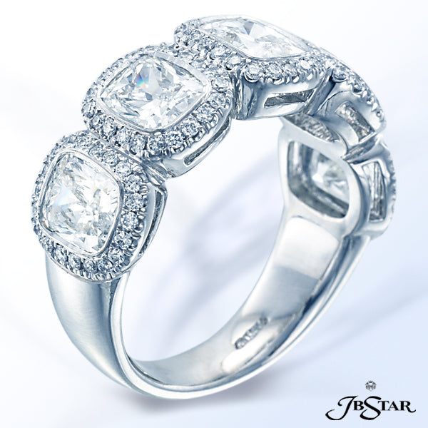 JB STAR PLATINUM DIAMOND BAND HANDCRAFTED WITH 5 PERFECTLY MATCHED CUSHION-CUT DIAMONDS IN BEZEL AND