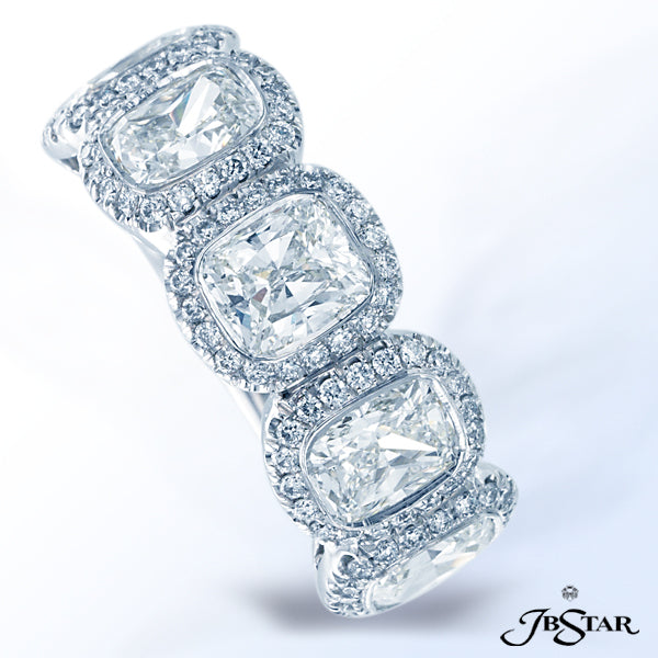 JB STAR PLATINUM DIAMOND BAND HANDCRAFTED WITH 5 PERFECTLY MATCHED CUSHION-CUT DIAMONDS IN BEZEL AND