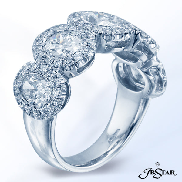 JB STAR PLATINUM WEDDING BAND HANDCRAFTED WITH 5 BEZEL-SET OVAL DIAMONDS, EACH ENCIRCLED BY MICRO PA