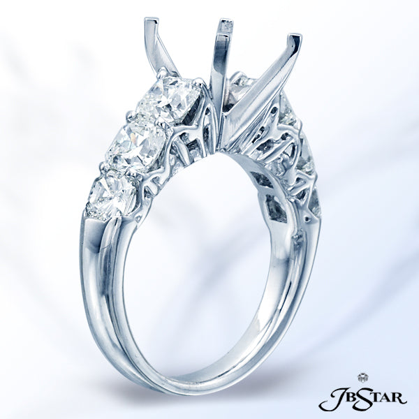 JB STAR THIS PLATINUM SEMI-MOUNT SETTING FEATURES 6 RADIANT SQUARE-EMERALD-CUT DIAMONDS INDIVIDUALLY