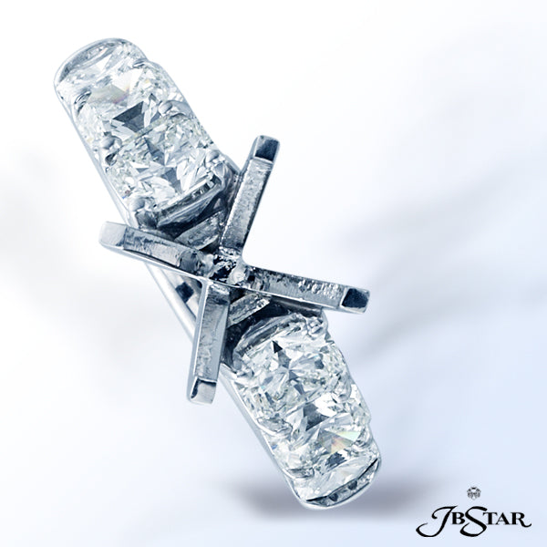 JB STAR THIS PLATINUM SEMI-MOUNT SETTING FEATURES 6 RADIANT SQUARE-EMERALD-CUT DIAMONDS INDIVIDUALLY