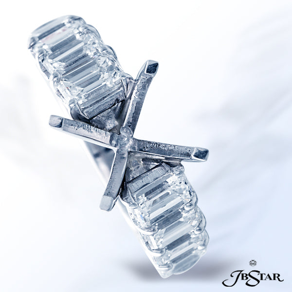 JB STAR BEAUTIFUL PLATINUM SEMI-MOUNT WITH 8 EMERALD-CUT DIAMONDS IN A SHARED PRONG SETTING.DIAMON