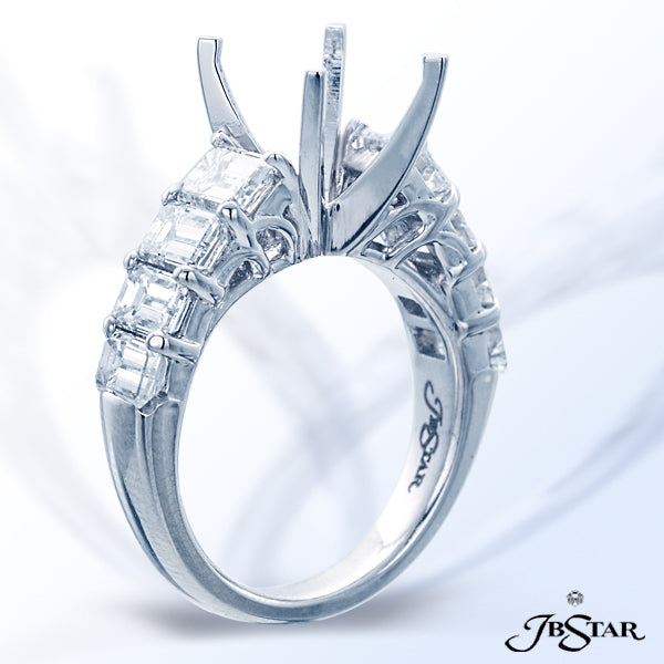 JB STAR BEAUTIFUL PLATINUM SEMI-MOUNT WITH 8 EMERALD-CUT DIAMONDS IN A SHARED PRONG SETTING.DIAMON