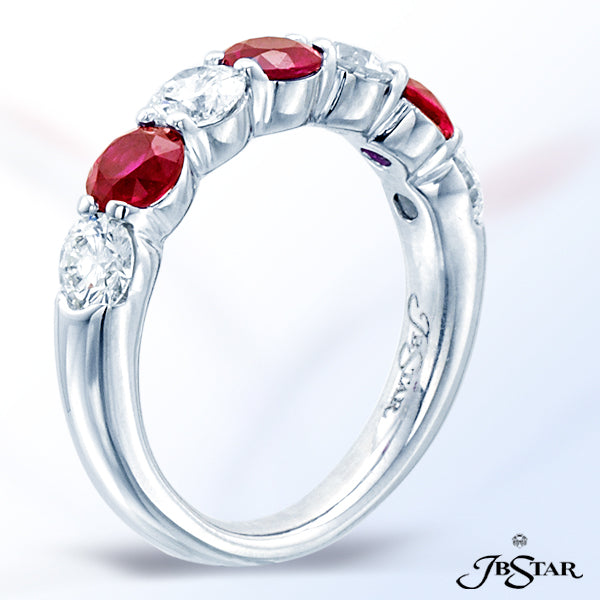 JB STAR RUBY AND DIAMOND BAND HANDCRAFTED IN A 7-STONE STYLE, WITH ALTERNATING ROUND RUBIES AND ROUN