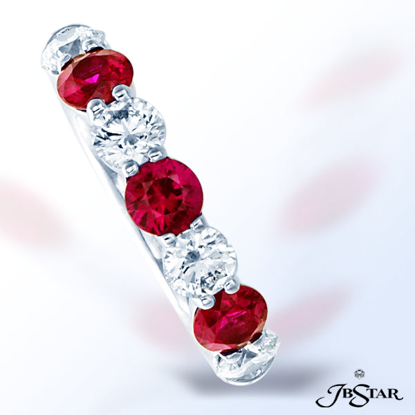 JB STAR RUBY AND DIAMOND BAND HANDCRAFTED IN A 7-STONE STYLE, WITH ALTERNATING ROUND RUBIES AND ROUN