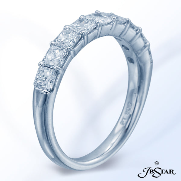 JB STAR PLATINUM BAND HANDCRAFTED WITH 9 PERFECTLY MATCHED RADIANT DIAMONDS IN SHARED-PRONG SETTING.