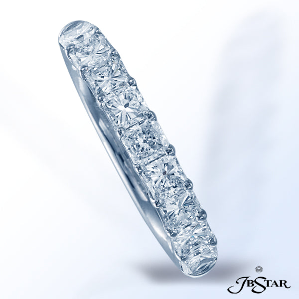 JB STAR PLATINUM BAND HANDCRAFTED WITH 9 PERFECTLY MATCHED RADIANT DIAMONDS IN SHARED-PRONG SETTING.