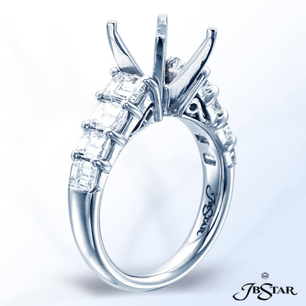 JB STAR BEAUTIFUL PLATINUM SEMI-MOUNT WITH 8 SQUARE EMERALD-CUT DIAMONDS IN A SHARED PRONG SETTING.