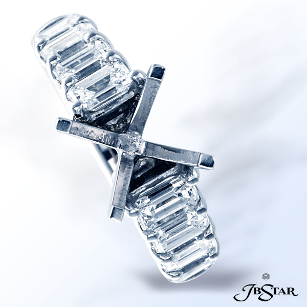 JB STAR BEAUTIFUL PLATINUM SEMI-MOUNT WITH 8 SQUARE EMERALD-CUT DIAMONDS IN A SHARED PRONG SETTING.