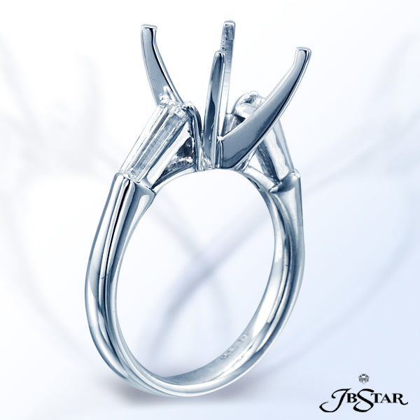 JB STAR DIAMOND SEMI-MOUNT WITH TAPERED BAGUETTE DIAMONDS EMBRACING THE CENTER PRONG SETTING, HANDCR