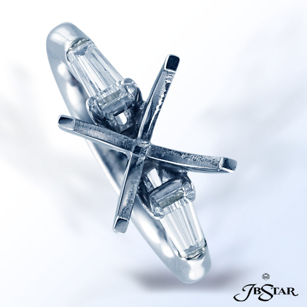 JB STAR DIAMOND SEMI-MOUNT WITH TAPERED BAGUETTE DIAMONDS EMBRACING THE CENTER PRONG SETTING, HANDCR