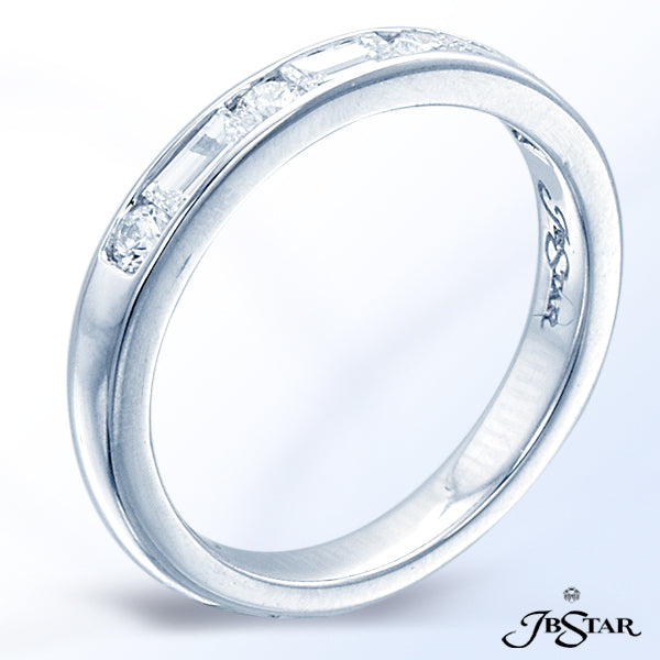 JB STAR PLATINUM DIAMOND BAND FEATURING STRAIGHT BAGUETTES AND ROUND DIAMONDS IN A CHANNEL.DIAMOND