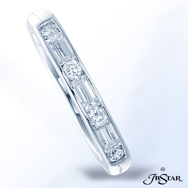 JB STAR PLATINUM DIAMOND BAND FEATURING STRAIGHT BAGUETTES AND ROUND DIAMONDS IN A CHANNEL.DIAMOND