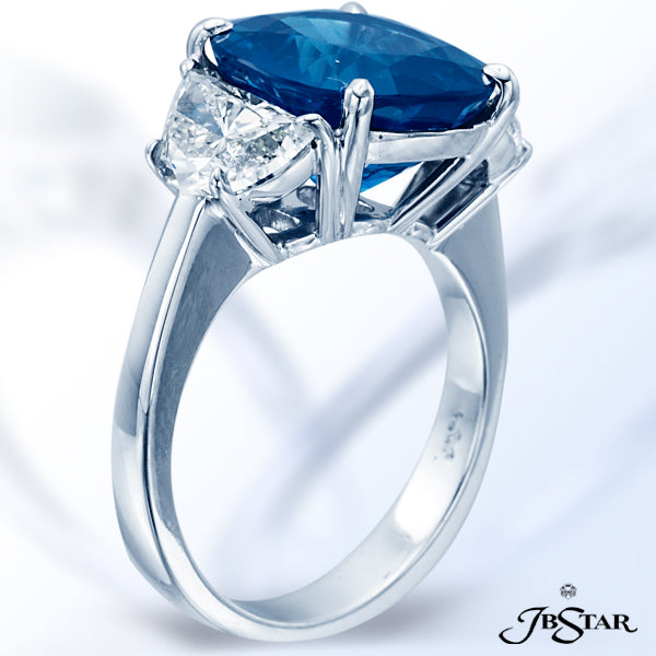 JB STAR EXQUISITE, HANDMADE RING FEATURES A 6.65CT ROUND SAPPHIRE RING WITH HALF MOON DIAMOND SIDES.