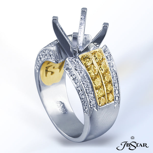 JB STAR PLATINUM DIAMOND SEMI-MOUNT HANDCRAFTED WITH TWO CENTER ROWS OF NATURAL FANCY YELLOW ROUND D